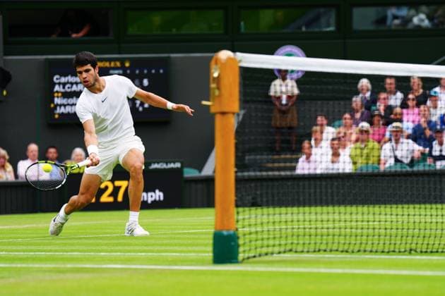 Mandatory Credit: Photo by Javier Garcia Shutterstock (14001532eh) Carlos Alcaraz during his third round match Wimbledon Tennis Championships, Day 6, The All England Lawn Tennis and Croquet Club, London, UK - 08 Jul 2023 Wimbledon Tennis Championships, Day 6, The All England Lawn Tennis and Croquet Club, London, UK - 08 Jul 2023  Copyright: xJavierxGarcia Shutterstockx 14001532eh