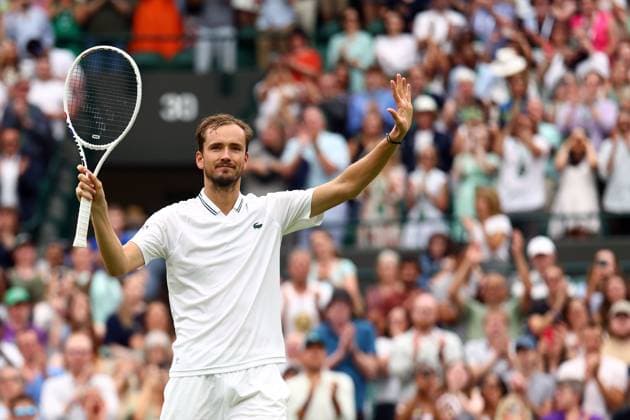 Mandatory Credit: Photo by Simon Dael Shutterstock (14001530cq) Daniil Medvedev celebrates winning his third round match Wimbledon Tennis Championships, Day 6, The All England Lawn Tennis and Croquet Club, London, UK - 08 Jul 2023 Wimbledon Tennis Championships, Day 6, The All England Lawn Tennis and Croquet Club, London, UK - 08 Jul 2023  Copyright: xSimonxDael Shutterstockx 14001530cq