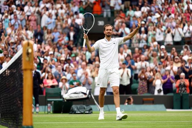Mandatory Credit: Photo by Simon Dael Shutterstock (14001530cs) Daniil Medvedev celebrates winning his third round match Wimbledon Tennis Championships, Day 6, The All England Lawn Tennis and Croquet Club, London, UK - 08 Jul 2023 Wimbledon Tennis Championships, Day 6, The All England Lawn Tennis and Croquet Club, London, UK - 08 Jul 2023  Copyright: xSimonxDael Shutterstockx 14001530cs