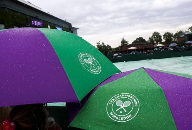 (230708) -- LONDON, July 8, 2023 -- People hold umbrellas in the rain at Wimbledon Tennis Championships in London, Britain, July 8, 2023. ) (SP)BRITAIN-LONDON-TENNIS-WIMBLEDON-DAY 6 HanxYan 