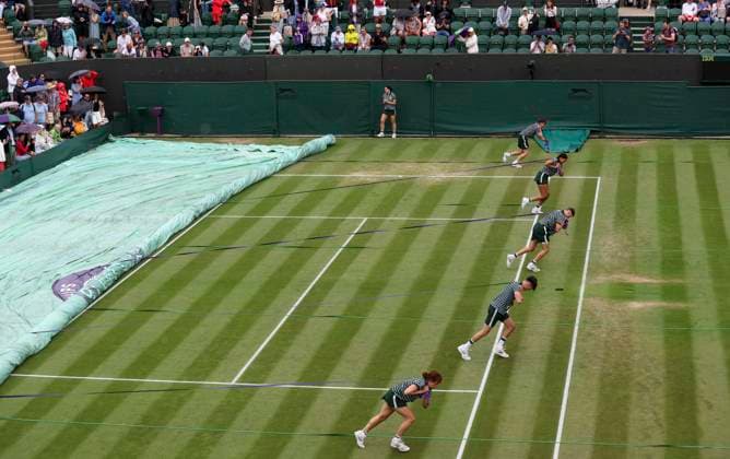 (230708) -- LONDON, July 8, 2023 -- Ground staff pull the rain cover to protect the grass court from rain at Wimbledon Tennis Championships in London, Britain, July 8, 2023. ) (SP)BRITAIN-LONDON-TENNIS-WIMBLEDON-DAY 6 HanxYan 