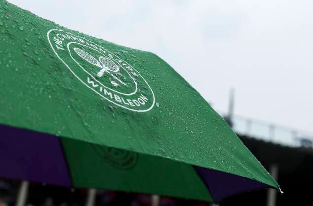 (230708) -- LONDON, July 8, 2023 -- People hold umbrellas in the rain at Wimbledon Tennis Championships in London, Britain, July 8, 2023. ) (SP)BRITAIN-LONDON-TENNIS-WIMBLEDON-DAY 6 HanxYan 