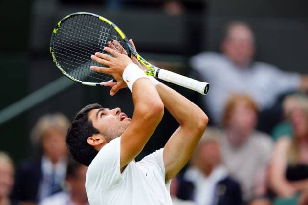 Mandatory Credit: Photo by Javier Garcia Shutterstock (14001532eu) Carlos Alcaraz during his third round match Wimbledon Tennis Championships, Day 6, The All England Lawn Tennis and Croquet Club, London, UK - 08 Jul 2023 Wimbledon Tennis Championships, Day 6, The All England Lawn Tennis and Croquet Club, London, UK - 08 Jul 2023  Copyright: xJavierxGarcia Shutterstockx 14001532eu