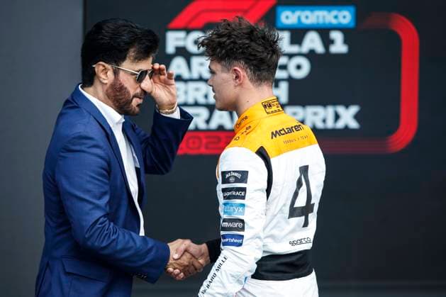 NORRIS Lando (gbr), McLaren F1 Team MCL60, portrait BEN SULAYEM Mohammed (uae), President of the FIA, portrait during the 2023 Formula 1 Aramco British Grand Prix, 10th round of the 2023 Formula One World Championship, WM, Weltmeisterschaft from July 7 to 9, 2023 on the Silverstone Circuit, in Silverstone, United Kingdom - F1 - BRITISH GRAND PRIX 2023 DPPI Panoramic 00123024__R3_9327A