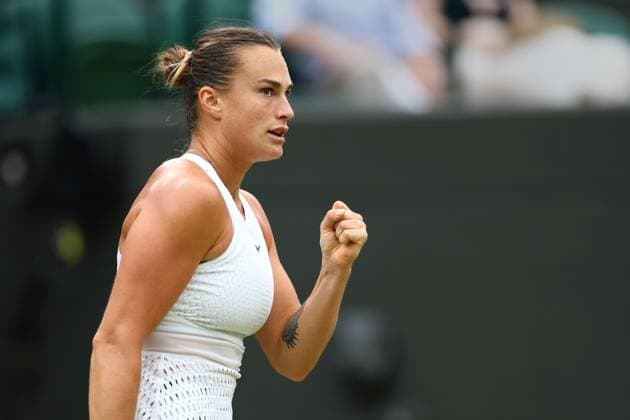 Mandatory Credit: Photo by Simon Dael Shutterstock (14001530dh) Aryna Sabalenka celebrates during her third round match Wimbledon Tennis Championships, Day 6, The All England Lawn Tennis and Croquet Club, London, UK - 08 Jul 2023 Wimbledon Tennis Championships, Day 6, The All England Lawn Tennis and Croquet Club, London, UK - 08 Jul 2023  Copyright: xSimonxDael Shutterstockx 14001530dh