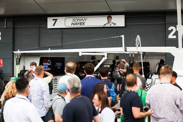 crowd in front of the garage of Sonny Hayes of the fictional team APEX APXGP for the F1 movie by Apple Studios Bruckheimer Films with Brad Pitt during the 2023 Formula 1 Aramco British Grand Prix, 10th round of the 2023 Formula One World Championship, WM, Weltmeisterschaft from July 7 to 9, 2023 on the Silverstone Circuit, in Silverstone, United Kingdom - F1 - BRITISH GRAND PRIX 2023 DPPI Panoramic  00123024_AV6_4205 