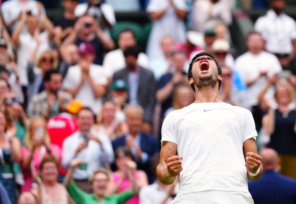 Mandatory Credit: Photo by Javier Garcia Shutterstock (14001532gf) Carlos Alcaraz celebrates victory in his third round match Wimbledon Tennis Championships, Day 6, The All England Lawn Tennis and Croquet Club, London, UK - 08 Jul 2023 Wimbledon Tennis Championships, Day 6, The All England Lawn Tennis and Croquet Club, London, UK - 08 Jul 2023  Copyright: xJavierxGarcia Shutterstockx 14001532gf