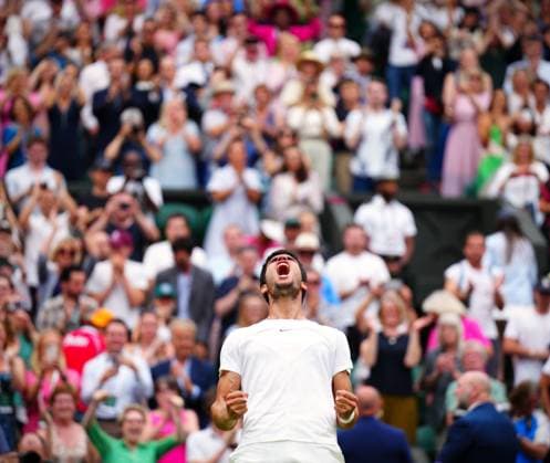 Mandatory Credit: Photo by Javier Garcia Shutterstock (14001532gg) Carlos Alcaraz celebrates victory in his third round match Wimbledon Tennis Championships, Day 6, The All England Lawn Tennis and Croquet Club, London, UK - 08 Jul 2023 Wimbledon Tennis Championships, Day 6, The All England Lawn Tennis and Croquet Club, London, UK - 08 Jul 2023  Copyright: xJavierxGarcia Shutterstockx 14001532gg