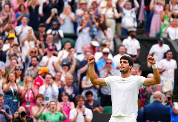 Mandatory Credit: Photo by Javier Garcia Shutterstock (14001532gl) Carlos Alcaraz celebrates victory in his third round match Wimbledon Tennis Championships, Day 6, The All England Lawn Tennis and Croquet Club, London, UK - 08 Jul 2023 Wimbledon Tennis Championships, Day 6, The All England Lawn Tennis and Croquet Club, London, UK - 08 Jul 2023  Copyright: xJavierxGarcia Shutterstockx 14001532gl