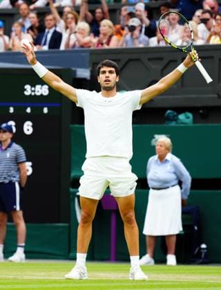 Mandatory Credit: Photo by Javier Garcia Shutterstock (14001532go) Carlos Alcaraz celebrates victory in his third round match Wimbledon Tennis Championships, Day 6, The All England Lawn Tennis and Croquet Club, London, UK - 08 Jul 2023 Wimbledon Tennis Championships, Day 6, The All England Lawn Tennis and Croquet Club, London, UK - 08 Jul 2023  Copyright: xJavierxGarcia Shutterstockx 14001532go