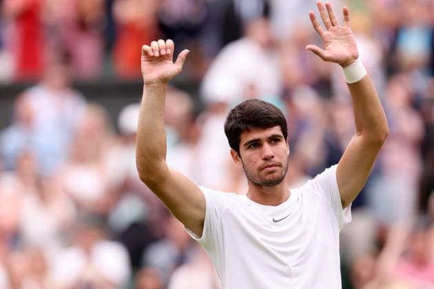 8th July 2023; All England Lawn Tennis and Croquet Club, London, England: Wimbledon Tennis Tournament; Carlos Alcaraz celebrates as he wins the match against Nicolas Jerry  ActionPlus12528758 ShaunxBrooks