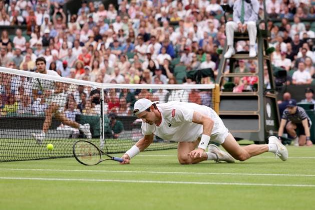 8th July 2023; All England Lawn Tennis and Croquet Club, London, England: Wimbledon Tennis Tournament; Nicolas Jerry fails to return a drop shot from Carlos Alcaraz  ActionPlus12528765 ShaunxBrooks