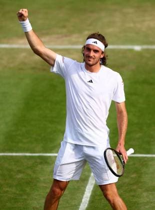 Mandatory Credit: Photo by Simon Dael Shutterstock (14001530di) Stefanos Tsitsipas celebrates after winning his third round match Wimbledon Tennis Championships, Day 6, The All England Lawn Tennis and Croquet Club, London, UK - 08 Jul 2023 Wimbledon Tennis Championships, Day 6, The All England Lawn Tennis and Croquet Club, London, UK - 08 Jul 2023  Copyright: xSimonxDael Shutterstockx 14001530di
