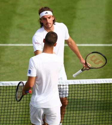 Mandatory Credit: Photo by Simon Dael Shutterstock (14001530dp) Stefanos Tsitsipas celebrates after winning his third round match against Laslo Djere Wimbledon Tennis Championships, Day 6, The All England Lawn Tennis and Croquet Club, London, UK - 08 Jul 2023 Wimbledon Tennis Championships, Day 6, The All England Lawn Tennis and Croquet Club, London, UK - 08 Jul 2023  Copyright: xSimonxDael Shutterstockx 14001530dp