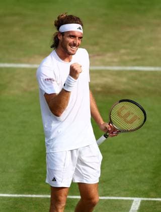 Mandatory Credit: Photo by Simon Dael Shutterstock (14001530dm) Stefanos Tsitsipas celebrates after winning his third round match Wimbledon Tennis Championships, Day 6, The All England Lawn Tennis and Croquet Club, London, UK - 08 Jul 2023 Wimbledon Tennis Championships, Day 6, The All England Lawn Tennis and Croquet Club, London, UK - 08 Jul 2023  Copyright: xSimonxDael Shutterstockx 14001530dm