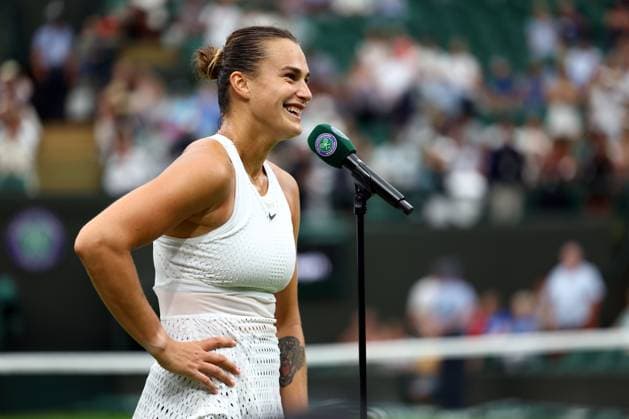 Mandatory Credit: Photo by Simon Dael Shutterstock (14001530dy) Aryna Sabalenka celebrates winner her third round match Wimbledon Tennis Championships, Day 6, The All England Lawn Tennis and Croquet Club, London, UK - 08 Jul 2023 Wimbledon Tennis Championships, Day 6, The All England Lawn Tennis and Croquet Club, London, UK - 08 Jul 2023  Copyright: xSimonxDael Shutterstockx 14001530dy
