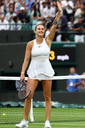 Mandatory Credit: Photo by Simon Dael Shutterstock (14001530eb) Aryna Sabalenka celebrates winner her third round match Wimbledon Tennis Championships, Day 6, The All England Lawn Tennis and Croquet Club, London, UK - 08 Jul 2023 Wimbledon Tennis Championships, Day 6, The All England Lawn Tennis and Croquet Club, London, UK - 08 Jul 2023  Copyright: xSimonxDael Shutterstockx 14001530eb
