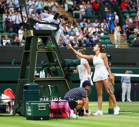 Mandatory Credit: Photo by Simon Dael Shutterstock (14001530eh) Aryna Sabalenka celebrates winning her third round match against Anna Blinkova Wimbledon Tennis Championships, Day 6, The All England Lawn Tennis and Croquet Club, London, UK - 08 Jul 2023 Wimbledon Tennis Championships, Day 6, The All England Lawn Tennis and Croquet Club, London, UK - 08 Jul 2023  Copyright: xSimonxDael Shutterstockx 14001530eh