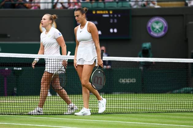 Mandatory Credit: Photo by Simon Dael Shutterstock (14001530ei) Aryna Sabalenka celebrates winning her third round match against Anna Blinkova Wimbledon Tennis Championships, Day 6, The All England Lawn Tennis and Croquet Club, London, UK - 08 Jul 2023 Wimbledon Tennis Championships, Day 6, The All England Lawn Tennis and Croquet Club, London, UK - 08 Jul 2023  Copyright: xSimonxDael Shutterstockx 14001530ei
