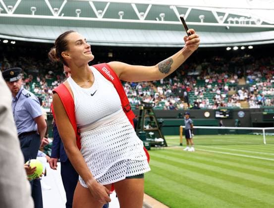 Mandatory Credit: Photo by Simon Dael Shutterstock (14001530eo) Aryna Sabalenka celebrates winning her third round match with a selfie Wimbledon Tennis Championships, Day 6, The All England Lawn Tennis and Croquet Club, London, UK - 08 Jul 2023 Wimbledon Tennis Championships, Day 6, The All England Lawn Tennis and Croquet Club, London, UK - 08 Jul 2023  Copyright: xSimonxDael Shutterstockx 14001530eo