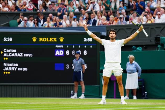 Mandatory Credit: Photo by Javier Garcia Shutterstock (14001532gp) Carlos Alcaraz celebrates victory in his third round match Wimbledon Tennis Championships, Day 6, The All England Lawn Tennis and Croquet Club, London, UK - 08 Jul 2023 Wimbledon Tennis Championships, Day 6, The All England Lawn Tennis and Croquet Club, London, UK - 08 Jul 2023  Copyright: xJavierxGarcia Shutterstockx 14001532gp