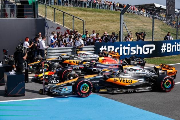 81 Oscar Piastri AUS, McLaren F1 Team , 1 Max Verstappen NLD, Oracle Red Bull Racing , 4 Lando Norris GBR, McLaren F1 Team , F1 Grand Prix of Great Britain at Silverstone Circuit on July 8, 2023 in Silverstone, Great Britain Photo by HOCH ZWEI Silverstone Great Britain