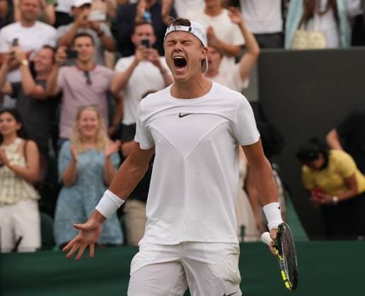 Tennis - 2023 Wimbledon Championships - Week One - Day Six - All England lawn Tennis & Racquet Club, Wimbledon - Saturday 8th Mens Singles- Leandro Davidovich Fokina (ESP) v Holger Rune (DEN) Holger Rune celebrates winning match point 