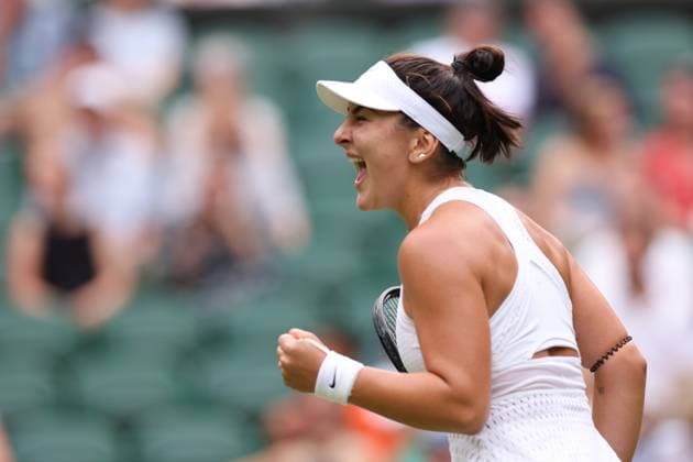 8th July 2023; All England Lawn Tennis and Croquet Club, London, England: Wimbledon Tennis Tournament; Womens singles match of 32, Ons Jabeur versus Bianca Andreescu as Andreescu breaks serve  ActionPlus12528811 ShaunxBrooks