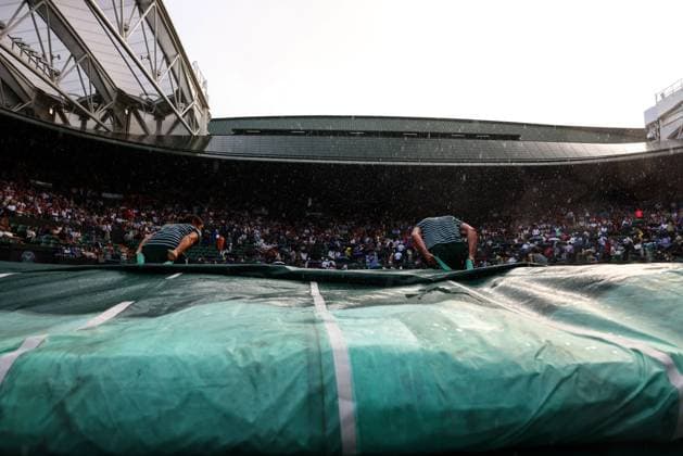 Mandatory Credit: Photo by Simon Dael Shutterstock (14001530fa) The covers are brought on over Court No. 1 as the rain falls Wimbledon Tennis Championships, Day 6, The All England Lawn Tennis and Croquet Club, London, UK - 08 Jul 2023 Wimbledon Tennis Championships, Day 6, The All England Lawn Tennis and Croquet Club, London, UK - 08 Jul 2023  Copyright: xSimonxDael Shutterstockx 14001530fa