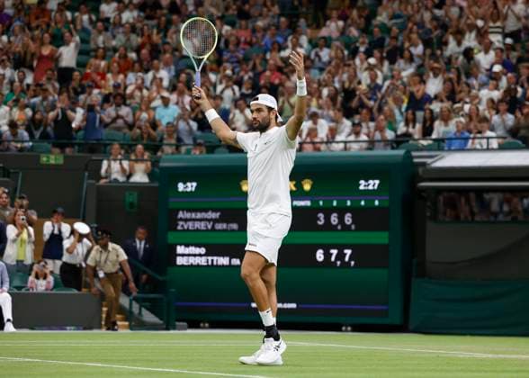 Matteo Berrettini ITA cheers after victory, jubilation, joy, emotion Tennis Wimbledon 2023 Grand Slam ITF ATP WTA AELTC London Great Britain 8 July 2023 Copyright: xJuergenxHasenkopfx