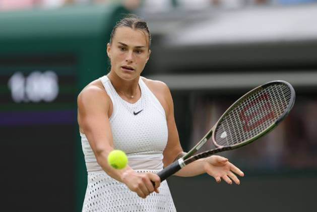Aryna Sabalenka, BLR, during rain delayed second round of 2023 All England Lawn Tennis Championships at Wimbledon, womens singles, London, 08 07 2023