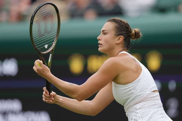 Aryna Sabalenka, BLR, during rain delayed second round of 2023 All England Lawn Tennis Championships at Wimbledon, womens singles, London, 08 07 2023