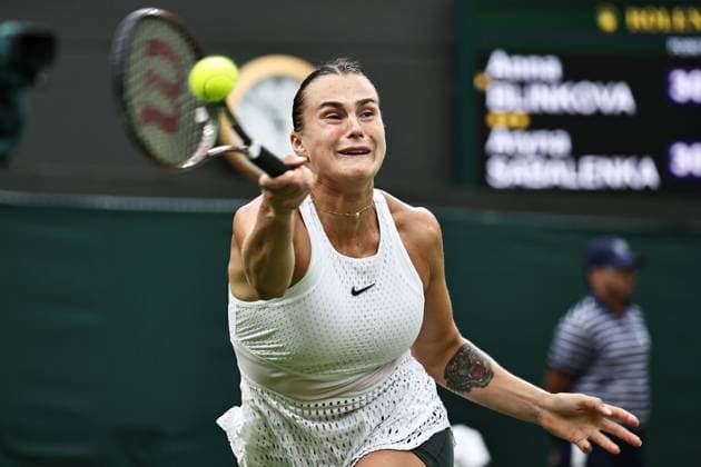 Aryna Sabalenka, BLR, during rain delayed second round of 2023 All England Lawn Tennis Championships at Wimbledon, womens singles, London, 08 07 2023