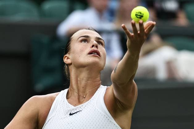 Aryna Sabalenka, BLR, during rain delayed second round of 2023 All England Lawn Tennis Championships at Wimbledon, womens singles, London, 08 07 2023