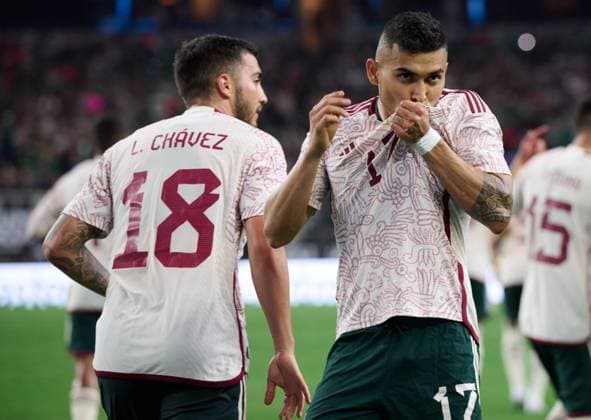 RECORD DATE NOT STATED 2023 CONCACAF Gold Cup Mexico vs Costa Rica CF Orbelin Pineda celebrates his goal 1-0 of Mexico during the game Mexico (Mexican national team, Nationalteam vs Costa Rica, corresponding to Quarterfinals of the CONCACAF Gold Cup 2023, at AT-T Stadium, on July 08, 2023. <br><br> Orbelin Pineda celebra su gol 1-0 de Mexico durante el partido Mexico (Seleccion Nacional Mexicana) vs Costa Rica, correspondiente a cuartos de Final de la Copa Oro de la CONCACAF 2023, en el AT-T Stadium, el 08 de Julio de 2023. ARLINGTON TEXAS ESTADOS UNIDOS  Copyright: xDavidxLeahx 20230708224501_CGC_CF_MEX_CRC_PINEDA248