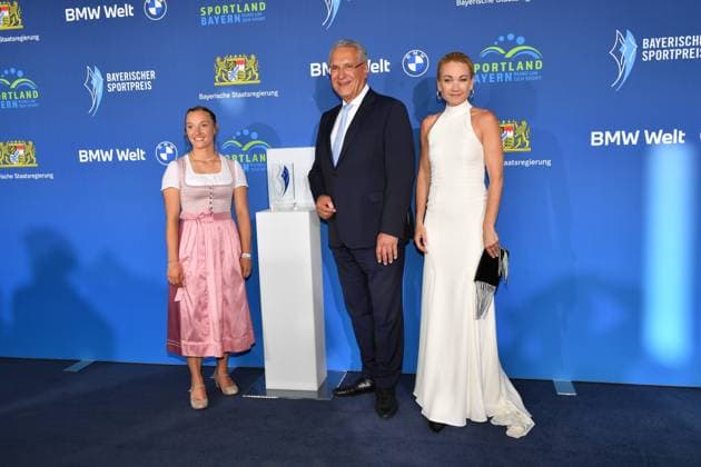 Katharina Schmidt, Joachim Herrmann and Lisa Maria Potthoff Bavarian Sports Award 2023 prize, honor, award ceremony BMW World Munich 08 July 2023