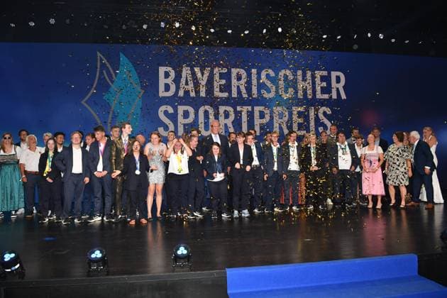 Joachim Herrmann with all award winners Bavarian Sports Award 2023 Award, Honoring, Presentation BMW World Munich 08 July 2023