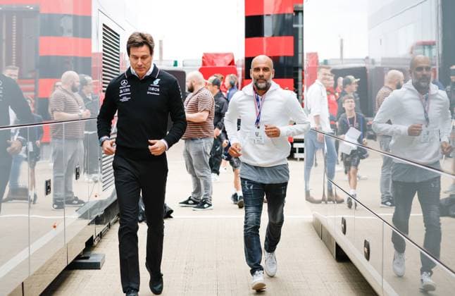 Toto Wolff AUT, Mercedes AMG Petronas F1 Team , Pep Guardiola, F1 Grand Prix of Great Britain at Silverstone Circuit on July 9, 2023 in Silverstone, Great Britain Photo by HOCH ZWEI Silverstone Great Britain