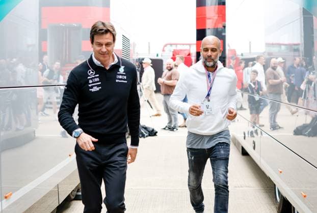 Toto Wolff AUT, Mercedes AMG Petronas F1 Team , Pep Guardiola, F1 Grand Prix of Great Britain at Silverstone Circuit on July 9, 2023 in Silverstone, Great Britain Photo by HOCH ZWEI Silverstone Great Britain