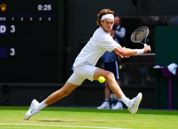 Mandatory Credit: Photo by Javier Garcia Shutterstock (14003010bv) Andrey Rublev during his fourth round match Wimbledon Tennis Championships, Day 7, The All England Lawn Tennis and Croquet Club, London, UK - 09 Jul 2023 Wimbledon Tennis Championships, Day 7, The All England Lawn Tennis and Croquet Club, London, UK - 09 Jul 2023  Copyright: xJavierxGarcia Shutterstockx 14003010bv