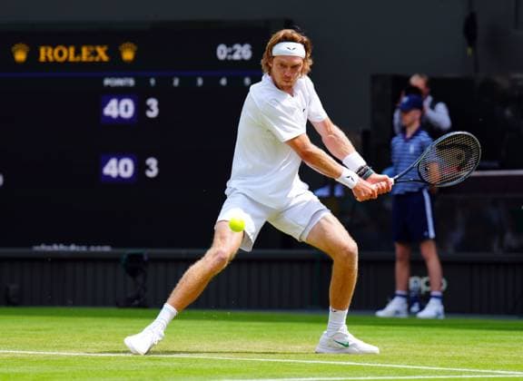 Mandatory Credit: Photo by Javier Garcia Shutterstock (14003010bw) Andrey Rublev during his fourth round match Wimbledon Tennis Championships, Day 7, The All England Lawn Tennis and Croquet Club, London, UK - 09 Jul 2023 Wimbledon Tennis Championships, Day 7, The All England Lawn Tennis and Croquet Club, London, UK - 09 Jul 2023  Copyright: xJavierxGarcia Shutterstockx 14003010bw