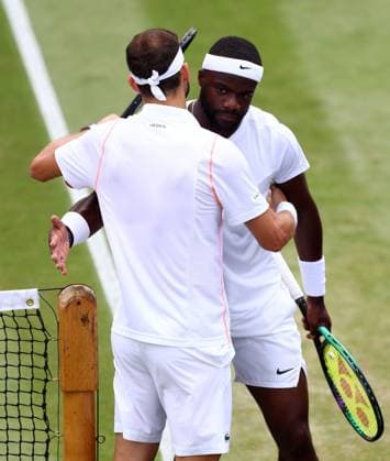 Mandatory Credit: Photo by Simon Dael Shutterstock (14003009an) Grigor Dimitrov celebrates victory in his third round match against Frances Tiafoe Wimbledon Tennis Championships, Day 7, The All England Lawn Tennis and Croquet Club, London, UK - 09 Jul 2023 Wimbledon Tennis Championships, Day 7, The All England Lawn Tennis and Croquet Club, London, UK - 09 Jul 2023  Copyright: xSimonxDael Shutterstockx 14003009an
