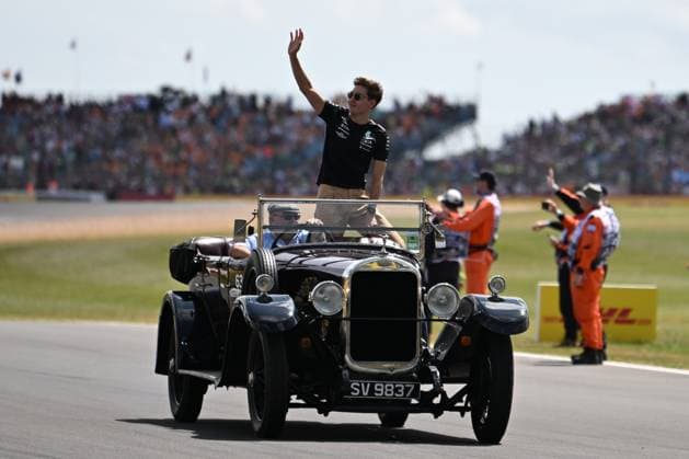 9th July 2023: Silverstone Circuit, Northamptonshire, England: Formula 1 2023 Aramco British F1 Grand Prix: Race Day; George Russell of the Mercedes team waves to fans while being driven round Silverstone track before the Grand Prix  ActionPlus12529159 SimonxWest