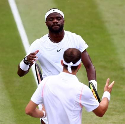 Mandatory Credit: Photo by Simon Dael Shutterstock (14003009bc) Grigor Dimitrov celebrates victory in his third round match against Frances Tiafoe Wimbledon Tennis Championships, Day 7, The All England Lawn Tennis and Croquet Club, London, UK - 09 Jul 2023 Wimbledon Tennis Championships, Day 7, The All England Lawn Tennis and Croquet Club, London, UK - 09 Jul 2023  Copyright: xSimonxDael Shutterstockx 14003009bc