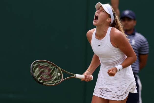 9th July 2023; All England Lawn Tennis and Croquet Club, London, England: Wimbledon Tennis Tournament; Mirra Andreeva celebrates as she breaks the serve of Anastasia Potapova  ActionPlus12529226 ShaunxBrooks