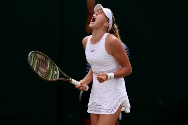 9th July 2023; All England Lawn Tennis and Croquet Club, London, England: Wimbledon Tennis Tournament; Mirra Andreeva celebrates as she breaks the serve of Anastasia Potapova  ActionPlus12529227 ShaunxBrooks