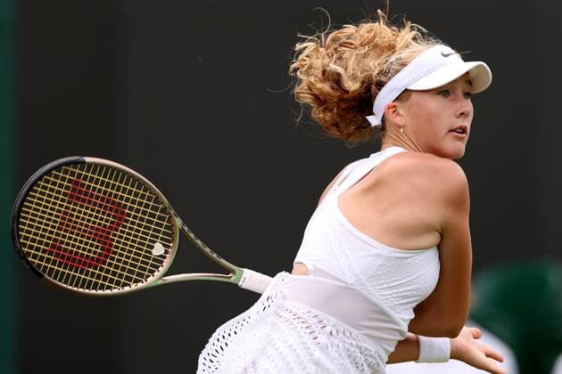 9th July 2023; All England Lawn Tennis and Croquet Club, London, England: Wimbledon Tennis Tournament; Mirra Andreeva plays a forehand shot to Anastasia Potapova  ActionPlus12529238 ShaunxBrooks
