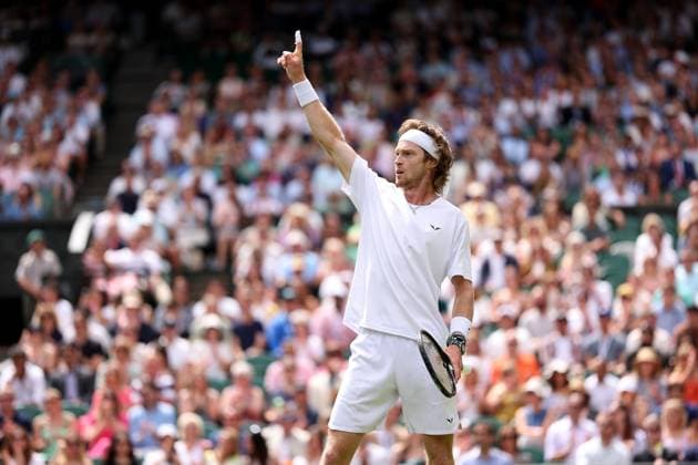 9th July 2023; All England Lawn Tennis and Croquet Club, London, England: Wimbledon Tennis Tournament; Andrey Rublev celebrates a point during his match with Alexander Bublik  ActionPlus12529254 ShaunxBrooks