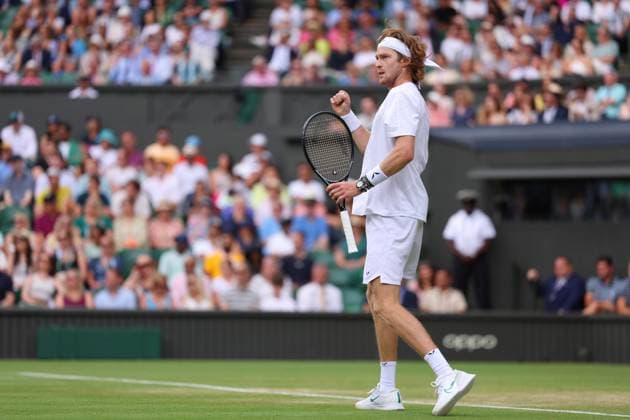 9th July 2023; All England Lawn Tennis and Croquet Club, London, England: Wimbledon Tennis Tournament; Andrey Rublev celebrates a point against Alexander Bublik  ActionPlus12529261 ShaunxBrooks