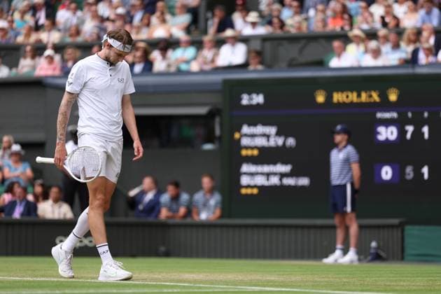 9th July 2023; All England Lawn Tennis and Croquet Club, London, England: Wimbledon Tennis Tournament; A dejected Alexander Bublik during his match with Andrey Rublev  ActionPlus12529266 ShaunxBrooks